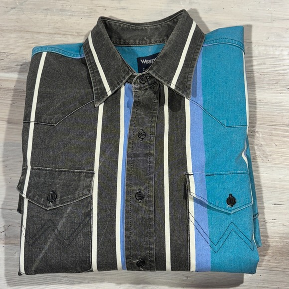 Vtg Wrangler Brushpopper Shirt 17.5 38 XLT Western Rodeo Cowboy Black Blue 90s - Picture 4 of 9